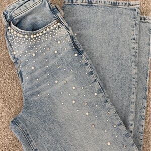 Pilcro Light Wash Pearl & Stud Embellished Wide-Leg Jeans